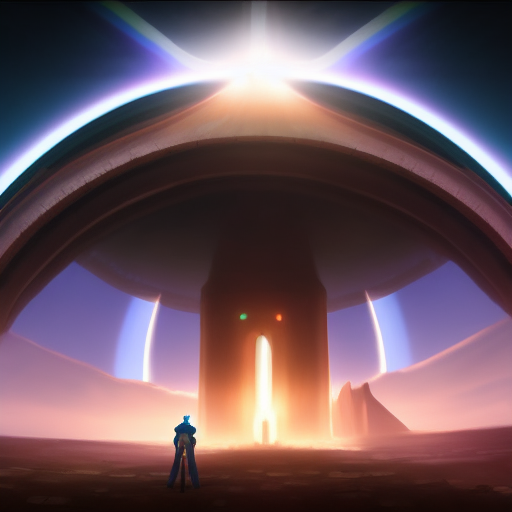 We see Merlin standing in front of a giant portal, looking up at a colossal spaceship hovering in the sky.